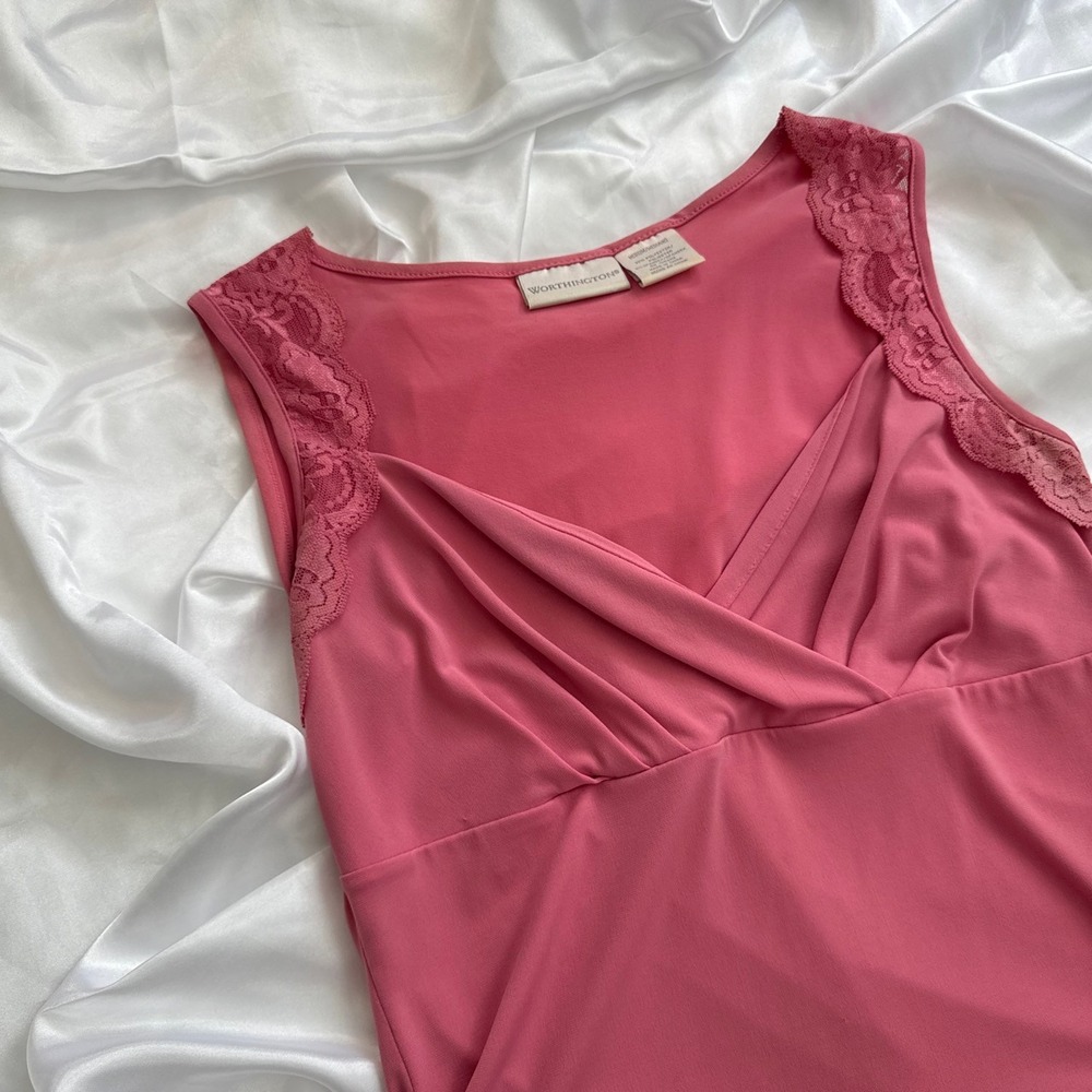 Worthington Rose Pink Lace Trim Surplice Sleeveless Top Blouse Medium - Picture 2 of 4